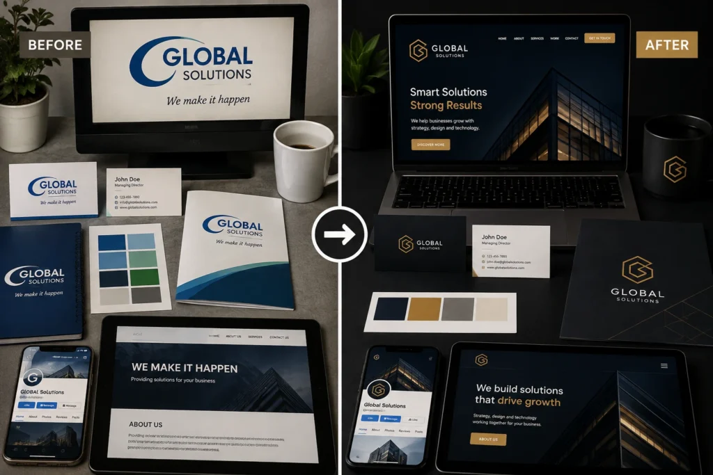 Before and after brand identity redesign showing an outdated business brand transformed into a modern, consistent visual identity across digital and print materials.